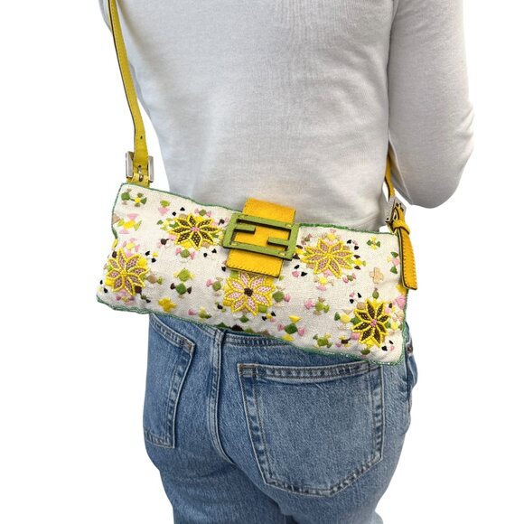 FENDI Vintage FF Beads Mamma Baguette Crossbody Bag Flower Embroidery [106448] - Picture 2 of 16
